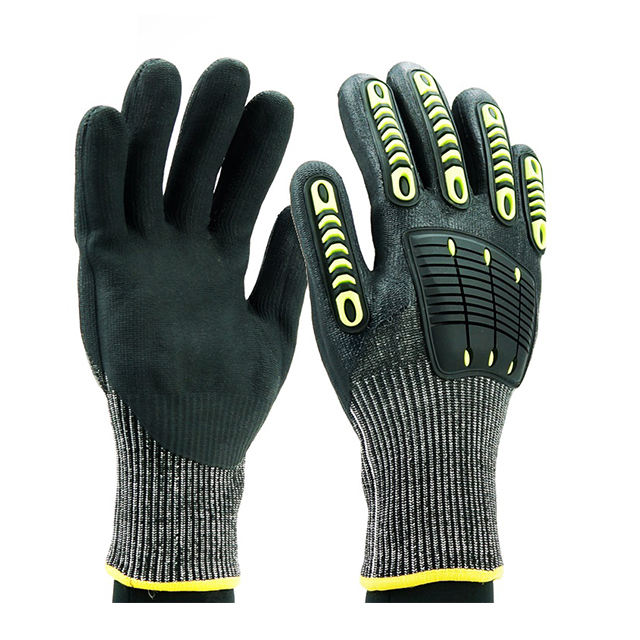 Guantes antivibratorios con revestimiento de arena de nitrilo y revestimiento de HPPE negro calibre 13