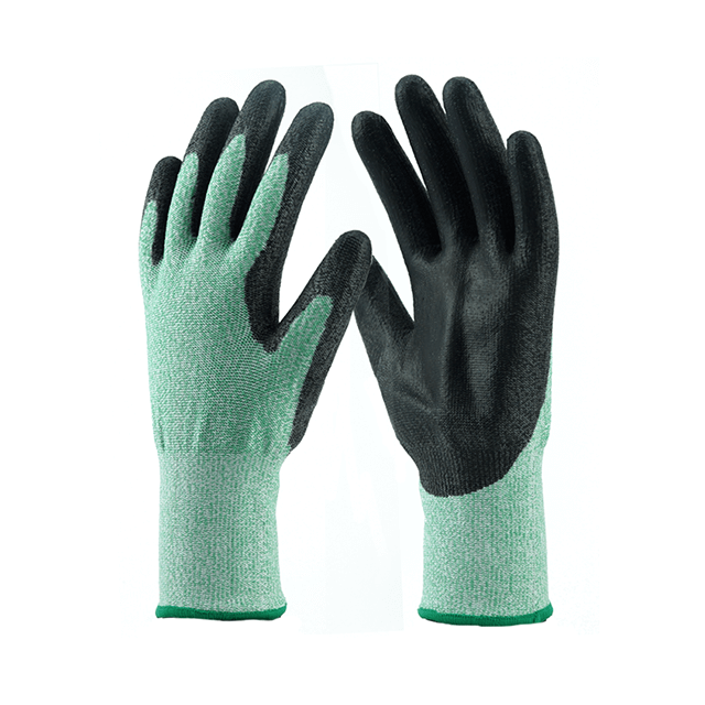 Guantes resistentes a cortes con revestimiento de poliuretano y revestimiento de HPPE verde / naranja calibre 13